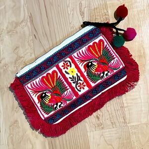 Embroidered Boho Fringe Clutch - Red and Green with Pom Poms on zipper